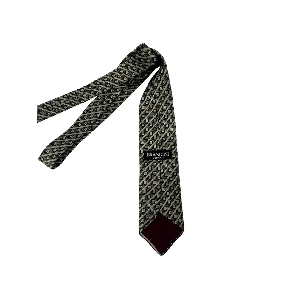 Brandini Le Collezioni Mens Silk Necktie Green Grey Geometric Pattern Tie